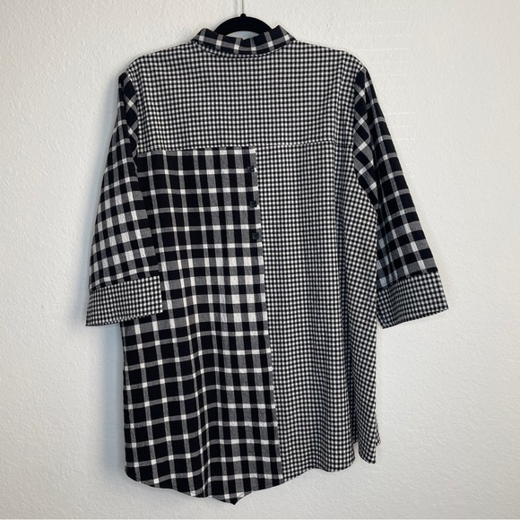 Habitat Black and White Checkered Button Tunic 3/4 Sleeve Asymmetric Hem Gingham - Picture 6 of 10
